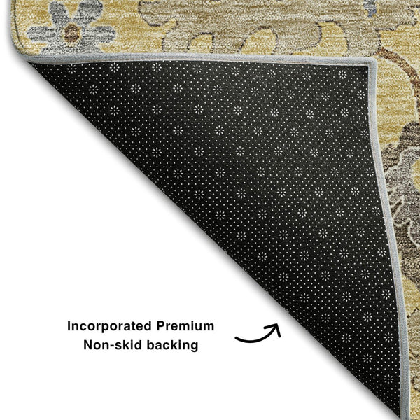 HomeRoots 10' Gold, Gray & Ivory Floral Medallion Area Rug - Washable, UV-Protected, Stain-Resistant Design 663287