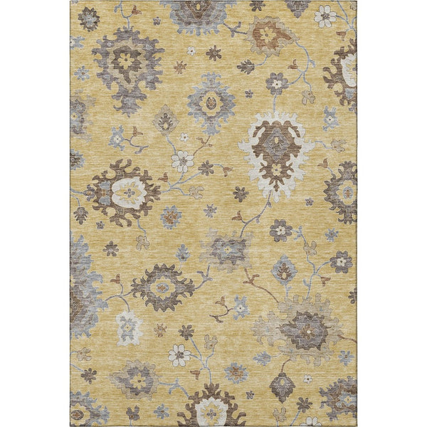 HomeRoots 10' Gold, Gray & Ivory Floral Medallion Area Rug - Washable, UV-Protected, Stain-Resistant Design 663287