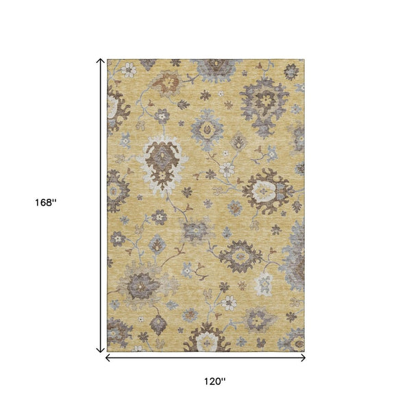 HomeRoots 10' Gold, Gray & Ivory Floral Medallion Area Rug - Washable, UV-Protected, Stain-Resistant Design 663287