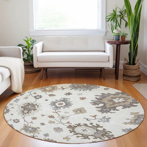 HomeRoots 8' Ivory Gray And Brown Floral Medallion Washable Round Rug with UV Protection for High-Traffic Spaces 663290