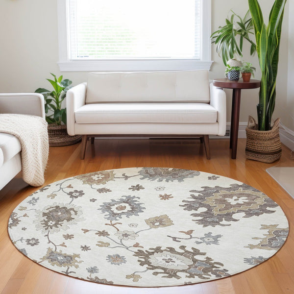 HomeRoots 8' Ivory Gray And Brown Floral Medallion Washable Round Rug with UV Protection for High-Traffic Spaces 663290