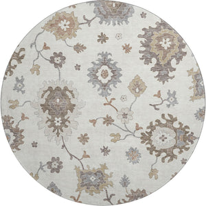 HomeRoots 8' Ivory Gray And Brown Floral Medallion Washable Round Rug with UV Protection for High-Traffic Spaces 663290
