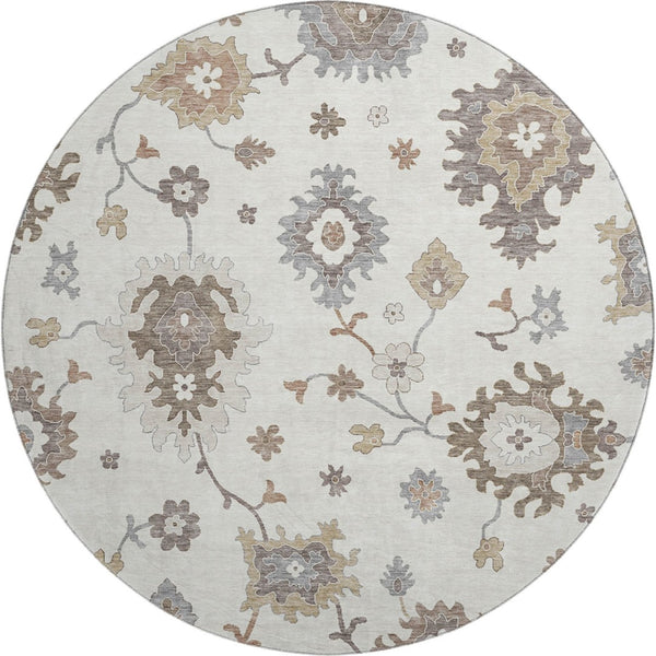 HomeRoots 8' Ivory Gray And Brown Floral Medallion Washable Round Rug with UV Protection for High-Traffic Spaces 663290