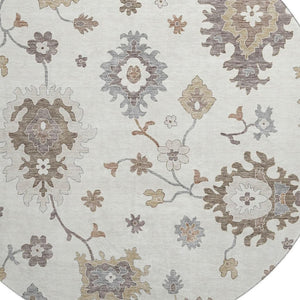HomeRoots 8' Ivory Gray And Brown Floral Medallion Washable Round Rug with UV Protection for High-Traffic Spaces 663290