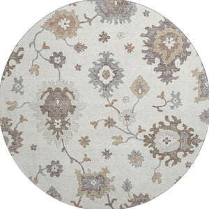 HomeRoots 8' Ivory Gray And Brown Floral Medallion Washable Round Rug with UV Protection for High-Traffic Spaces 663290
