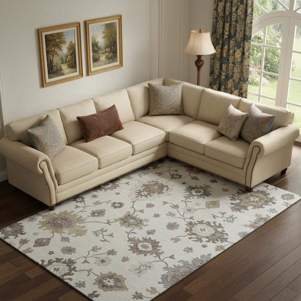 HomeRoots 10' Elegant Ivory Gray & Brown Floral Medallion Washable Area Rug - UV Protected & Durable Design 663293