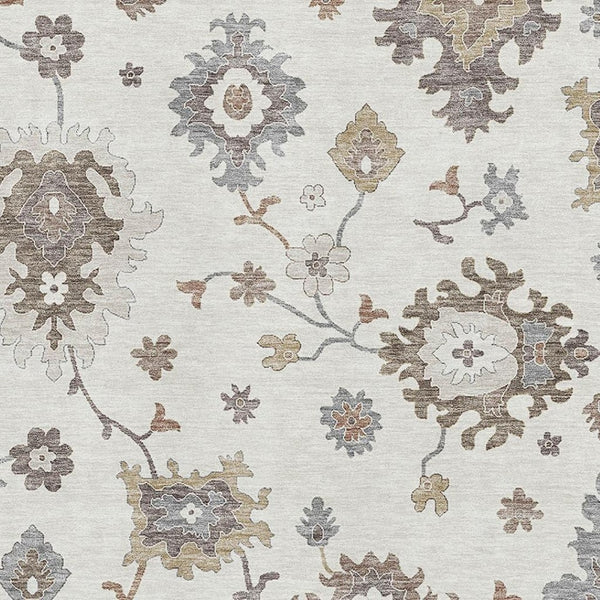 HomeRoots 10' Elegant Ivory Gray & Brown Floral Medallion Washable Area Rug - UV Protected & Durable Design 663293