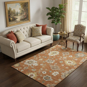 HomeRoots 5' X 8' Washable Floral Medallion Area Rug in Rust, Ivory & Gray - Perfect for Kids & Pets! 663295