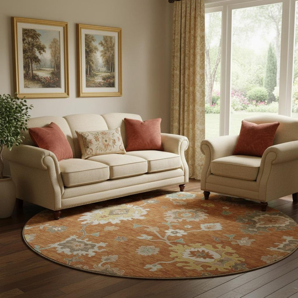 HomeRoots 8' Washable Round Rug with Rust, Ivory & Gray Floral Medallion Design - UV Protection & Stain Resistant 663296