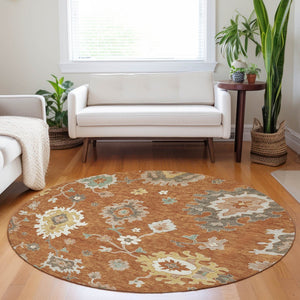 HomeRoots 8' Washable Round Rug with Rust, Ivory & Gray Floral Medallion Design - UV Protection & Stain Resistant 663296
