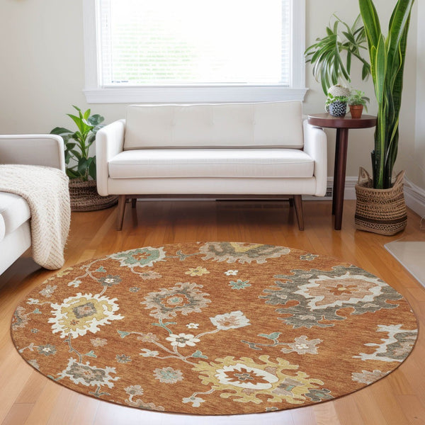 HomeRoots 8' Washable Round Rug with Rust, Ivory & Gray Floral Medallion Design - UV Protection & Stain Resistant 663296