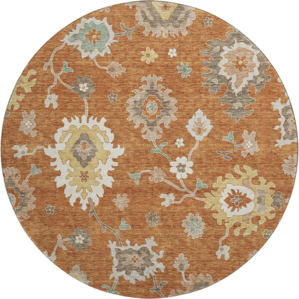 HomeRoots 8' Washable Round Rug with Rust, Ivory & Gray Floral Medallion Design - UV Protection & Stain Resistant 663296