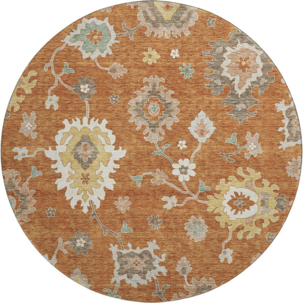 HomeRoots 8' Washable Round Rug with Rust, Ivory & Gray Floral Medallion Design - UV Protection & Stain Resistant 663296