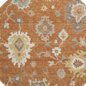 HomeRoots 8' Washable Round Rug with Rust, Ivory & Gray Floral Medallion Design - UV Protection & Stain Resistant 663296
