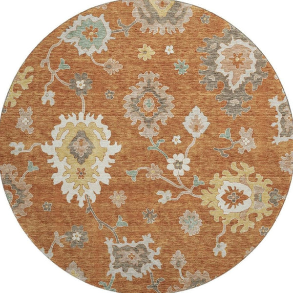 HomeRoots 8' Washable Round Rug with Rust, Ivory & Gray Floral Medallion Design - UV Protection & Stain Resistant 663296