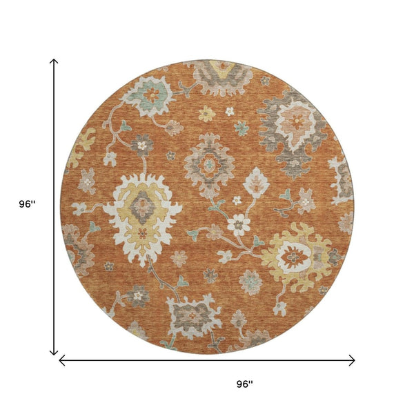 HomeRoots 8' Washable Round Rug with Rust, Ivory & Gray Floral Medallion Design - UV Protection & Stain Resistant 663296