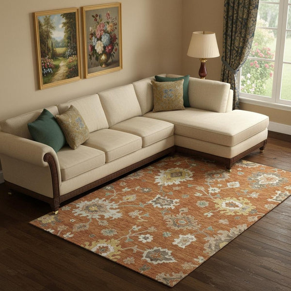 HomeRoots 9' X 12' Floral Medallion Area Rug – Rust, Ivory & Gray with Washable, Stain-Resistant Design & UV Protection 663298
