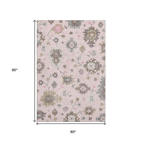 HomeRoots 5' X 8' Floral Medallion Area Rug in Pink, Ivory & Brown - Washable, UV Protected & Stain Resistant 663301