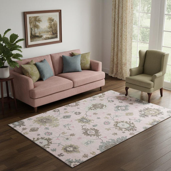 HomeRoots 5' X 8' Floral Medallion Area Rug in Pink, Ivory & Brown - Washable, UV Protected & Stain Resistant 663301