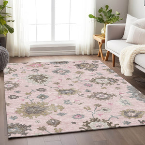 HomeRoots 5' X 8' Floral Medallion Area Rug in Pink, Ivory & Brown - Washable, UV Protected & Stain Resistant 663301