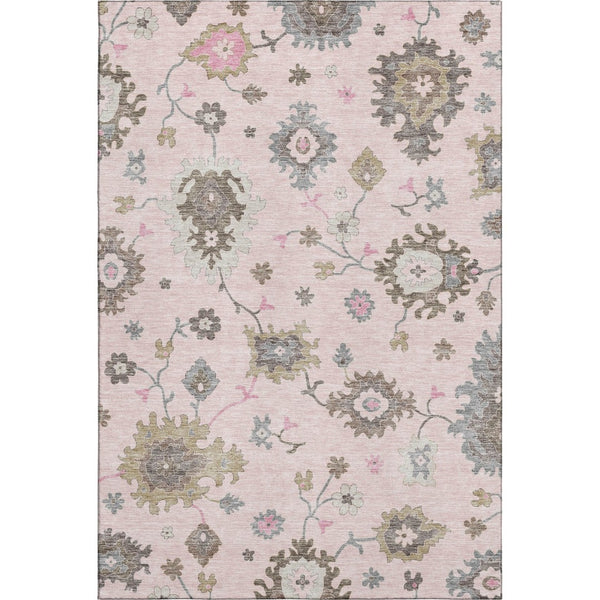 HomeRoots 5' X 8' Floral Medallion Area Rug in Pink, Ivory & Brown - Washable, UV Protected & Stain Resistant 663301