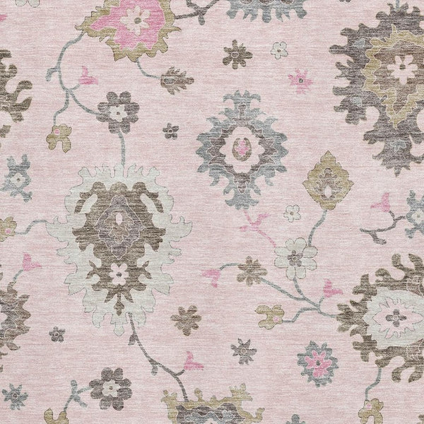HomeRoots 5' X 8' Floral Medallion Area Rug in Pink, Ivory & Brown - Washable, UV Protected & Stain Resistant 663301