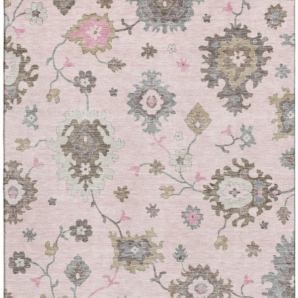 HomeRoots 5' X 8' Floral Medallion Area Rug in Pink, Ivory & Brown - Washable, UV Protected & Stain Resistant 663301