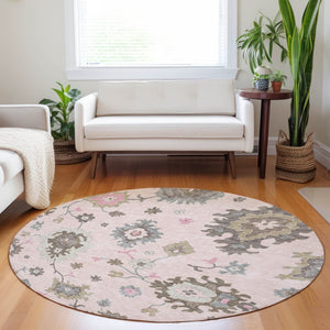 HomeRoots 8' Pink Floral Medallion Washable Round Rug - UV Protected, Durable, Perfect for Family Spaces! 663302