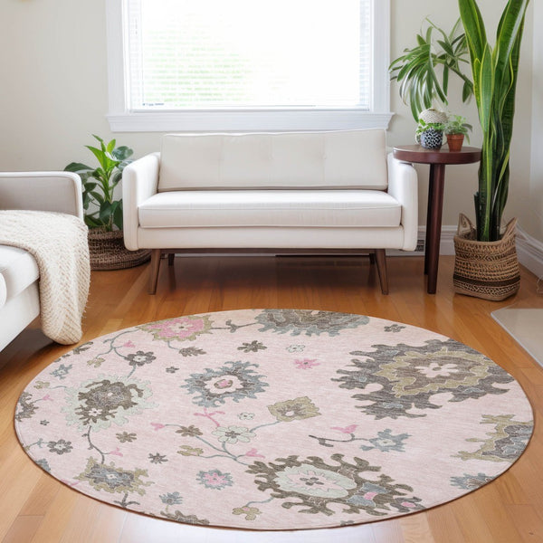 HomeRoots 8' Pink Floral Medallion Washable Round Rug - UV Protected, Durable, Perfect for Family Spaces! 663302