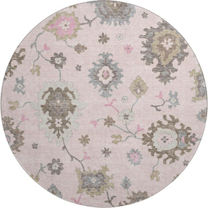 HomeRoots 8' Pink Floral Medallion Washable Round Rug - UV Protected, Durable, Perfect for Family Spaces! 663302