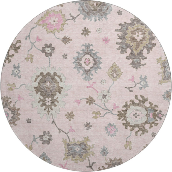 HomeRoots 8' Pink Floral Medallion Washable Round Rug - UV Protected, Durable, Perfect for Family Spaces! 663302