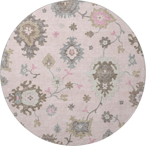 HomeRoots 8' Pink Floral Medallion Washable Round Rug - UV Protected, Durable, Perfect for Family Spaces! 663302