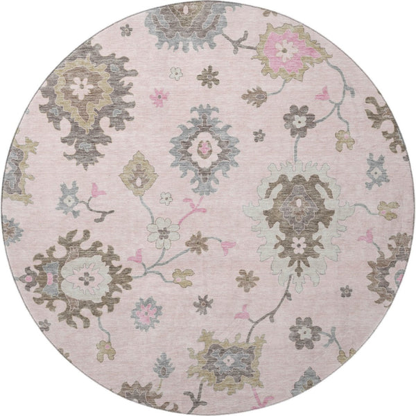 HomeRoots 8' Pink Floral Medallion Washable Round Rug - UV Protected, Durable, Perfect for Family Spaces! 663302