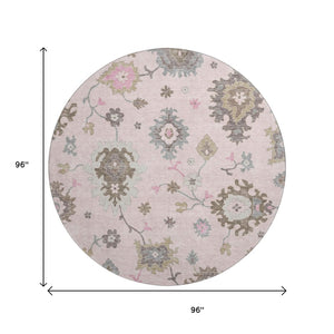 HomeRoots 8' Pink Floral Medallion Washable Round Rug - UV Protected, Durable, Perfect for Family Spaces! 663302
