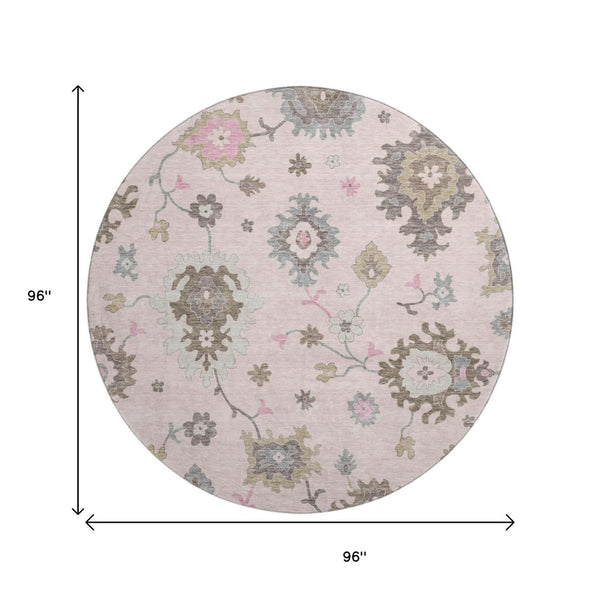 HomeRoots 8' Pink Floral Medallion Washable Round Rug - UV Protected, Durable, Perfect for Family Spaces! 663302