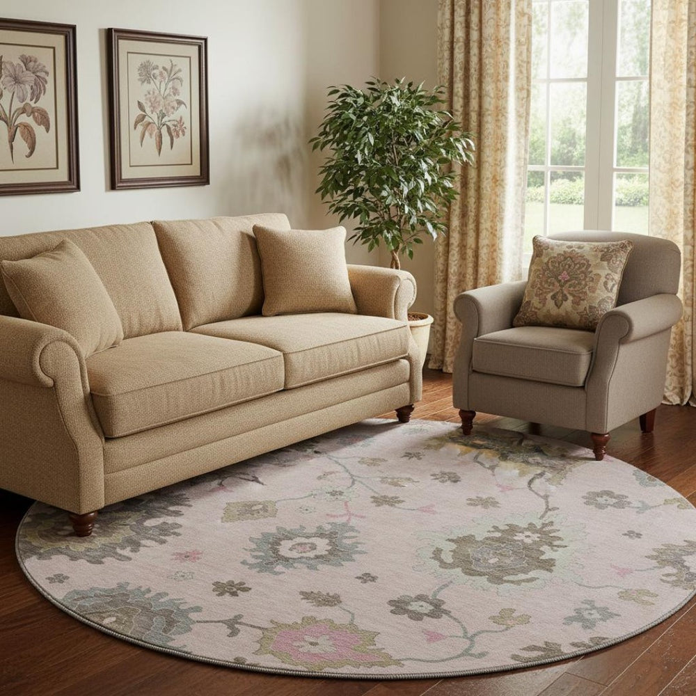 HomeRoots 8' Pink Floral Medallion Washable Round Rug - UV Protected, Durable, Perfect for Family Spaces! 663302