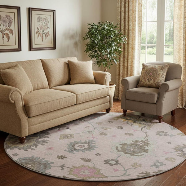 HomeRoots 8' Pink Floral Medallion Washable Round Rug - UV Protected, Durable, Perfect for Family Spaces! 663302