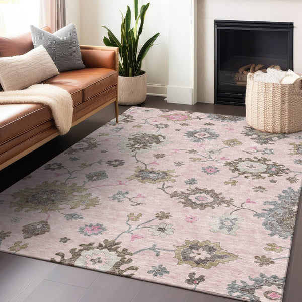 HomeRoots 8' X 10' Floral Medallion Area Rug in Pink, Ivory & Brown - Washable, UV Protected & Stain Resistant! 663303