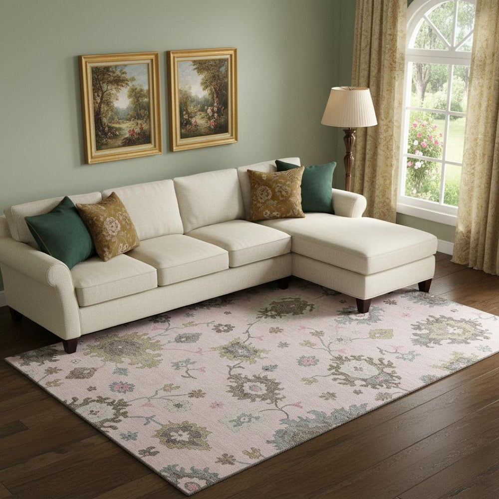 HomeRoots 9' X 12' Floral Medallion Area Rug - Soft Pink & Ivory, Washable, UV-Protected, Perfect for High-Traffic Areas 663304