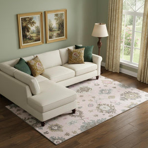 HomeRoots 10' X 14' Floral Medallion Area Rug - Pink, Ivory & Brown - Washable, Stain Resistant & UV Protected 663305
