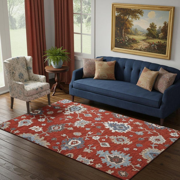 HomeRoots 5' X 8' Floral Medallion Area Rug in Red, Gray & Ivory – Washable, UV Protected & Pet Friendly! 663307