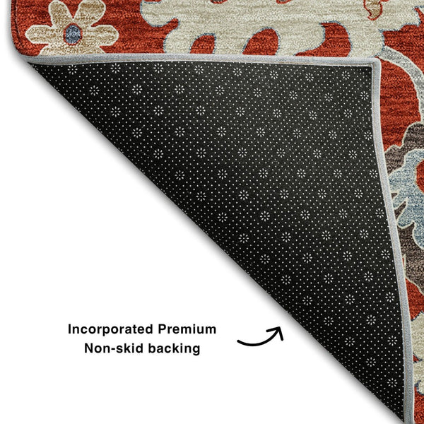 HomeRoots 5' X 8' Floral Medallion Area Rug in Red, Gray & Ivory – Washable, UV Protected & Pet Friendly! 663307