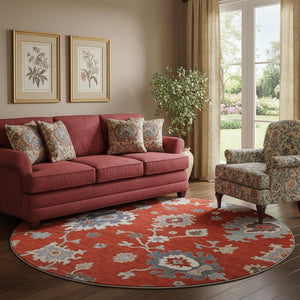 HomeRoots 8' Elegant Red, Gray & Ivory Floral Medallion Washable Round Rug with UV Protection for Durability 663308