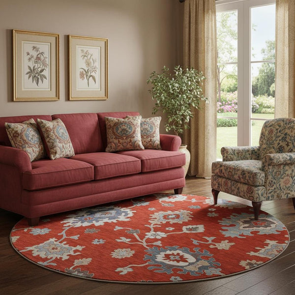 HomeRoots 8' Elegant Red, Gray & Ivory Floral Medallion Washable Round Rug with UV Protection for Durability 663308