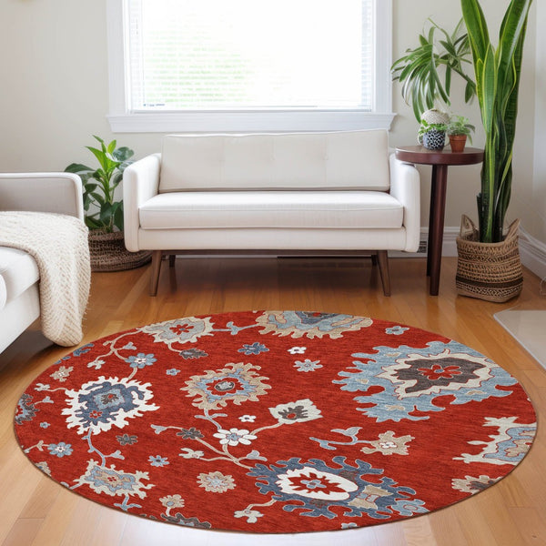 HomeRoots 8' Elegant Red, Gray & Ivory Floral Medallion Washable Round Rug with UV Protection for Durability 663308