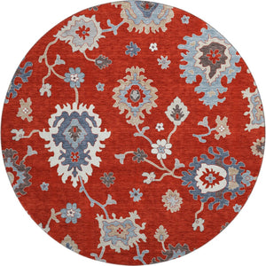 HomeRoots 8' Elegant Red, Gray & Ivory Floral Medallion Washable Round Rug with UV Protection for Durability 663308