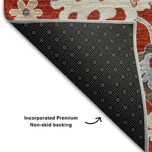 HomeRoots 8' Elegant Red, Gray & Ivory Floral Medallion Washable Round Rug with UV Protection for Durability 663308