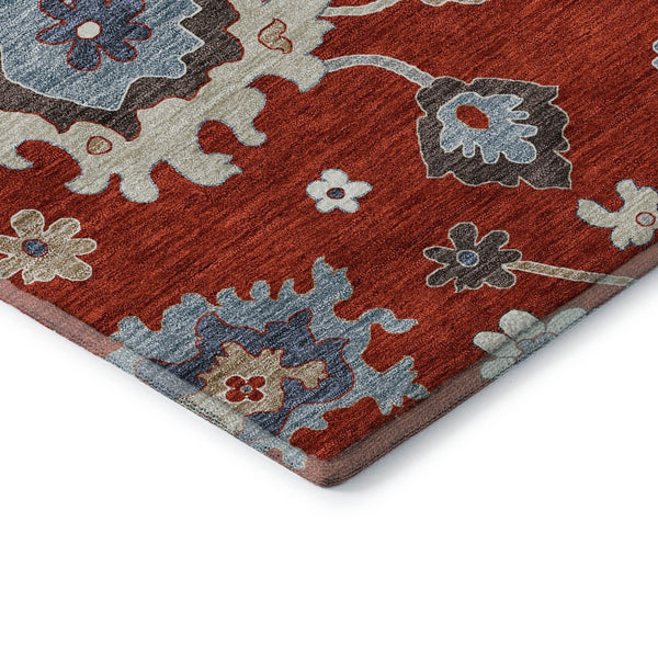 HomeRoots 8' Elegant Red, Gray & Ivory Floral Medallion Washable Round Rug with UV Protection for Durability 663308