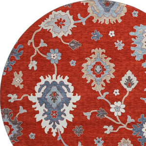 HomeRoots 8' Elegant Red, Gray & Ivory Floral Medallion Washable Round Rug with UV Protection for Durability 663308