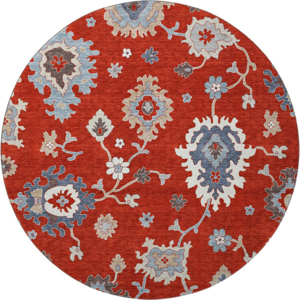 HomeRoots 8' Elegant Red, Gray & Ivory Floral Medallion Washable Round Rug with UV Protection for Durability 663308
